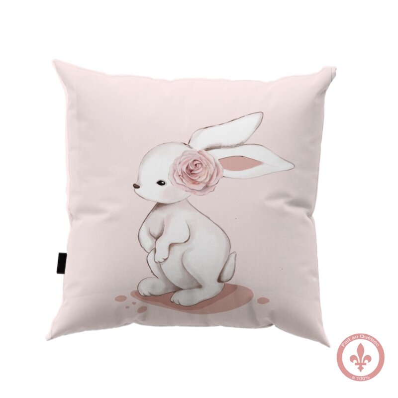 housse de coussin rose en coton avec motif imprimé lapin blanc avec une rose