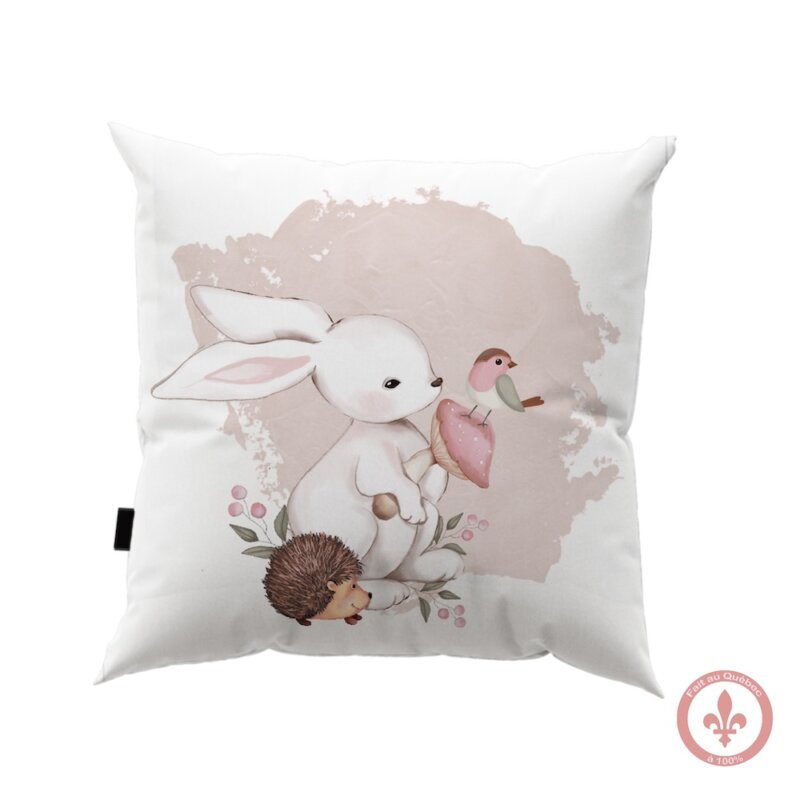 housse de coussin en coton avec motif imprimé lapin blanc tout doux entouré de ses amis, un petit oiseau et un hérisson