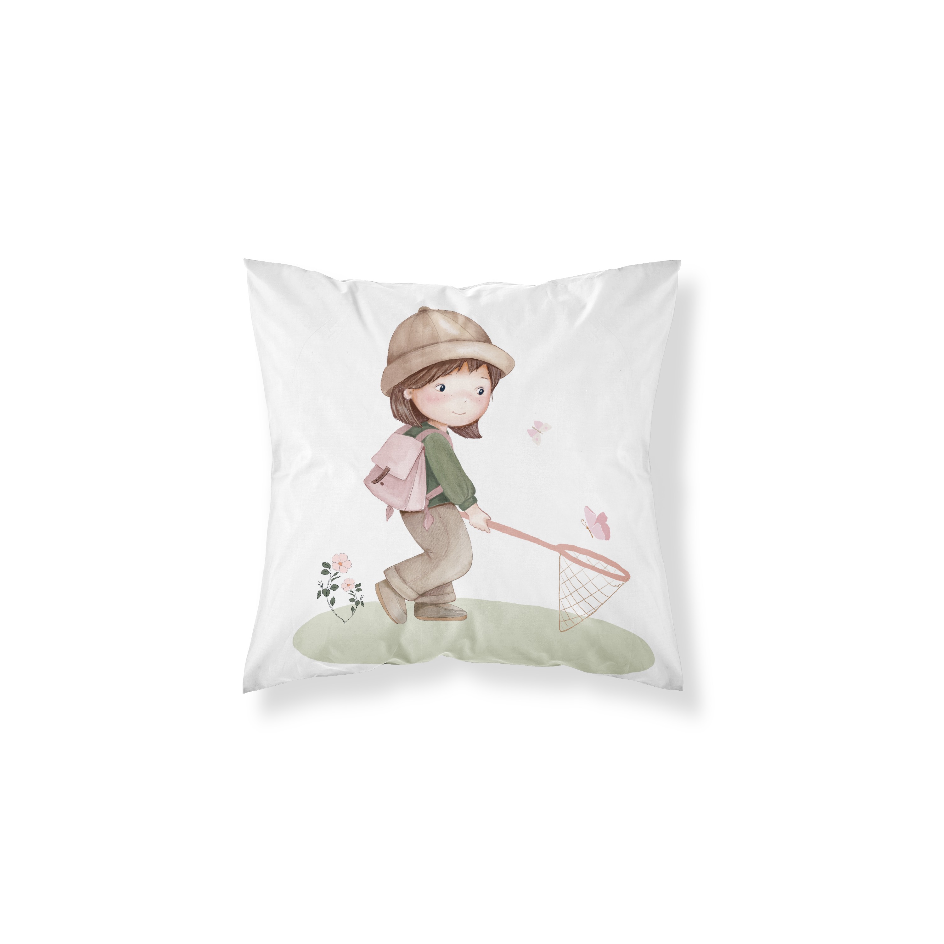 coussin fille chasse papillons