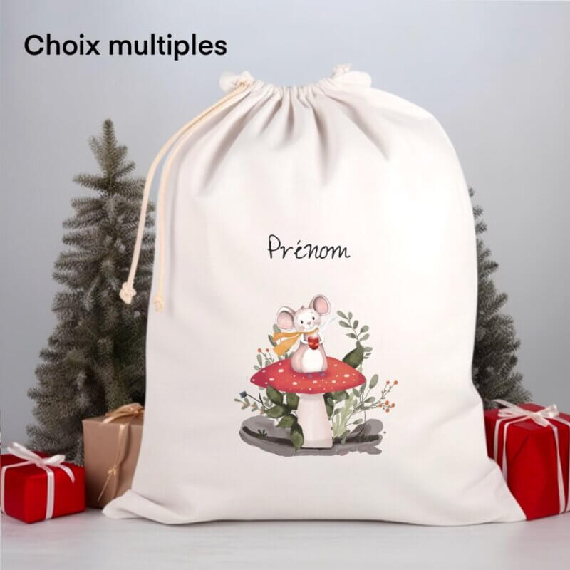 Sac à cordon pour cadeau de Noël avec souris