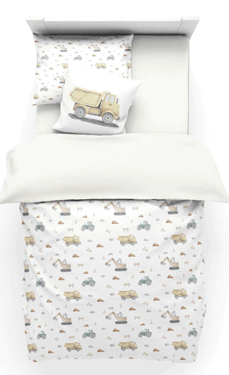 housse de couette, coussin décoratif et taie d'oreiller motif imprimé camions Tonka,tracteurs en couleurs pastels