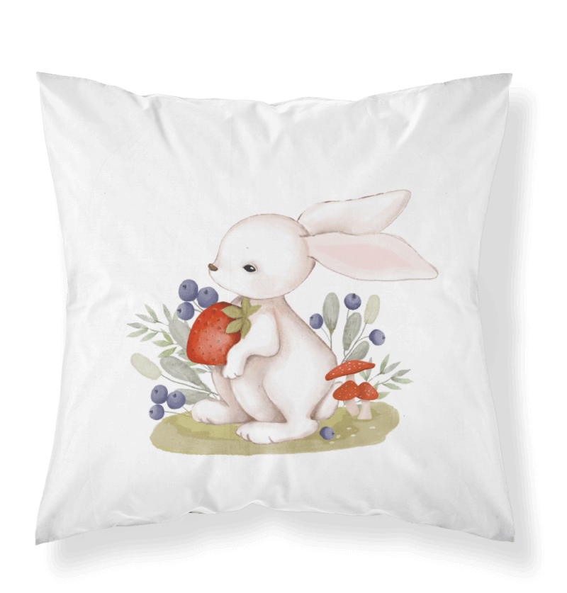 housse de coussin en coton avec motif lapin et fraise et bluettes
