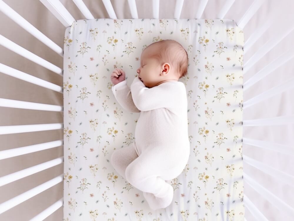 Bébé dort sur lit avec drap contour couleur rose pâle et motif imprimé fleurs sauvages