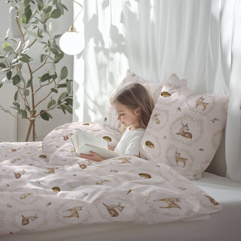 Fille dans un lit avec housse de couette rose avec motif imprimé chevreuils,hérisson,lapin,oiseau 
