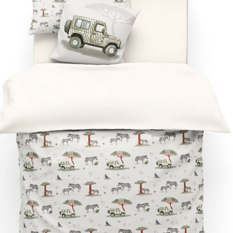 Housse de couette sur la thème d'Afrique avec motif  imprimé jeep et zèbres 