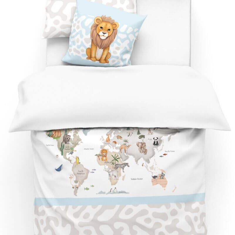 Housse de couette  bleu et gris avec motif imprimé carte de monde 