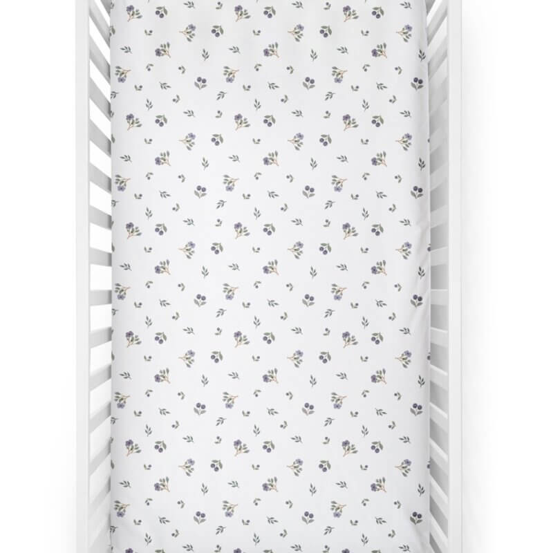 Drap contour  pour lit de bébé blanc avec motif imprimé blueberry , feuillage 