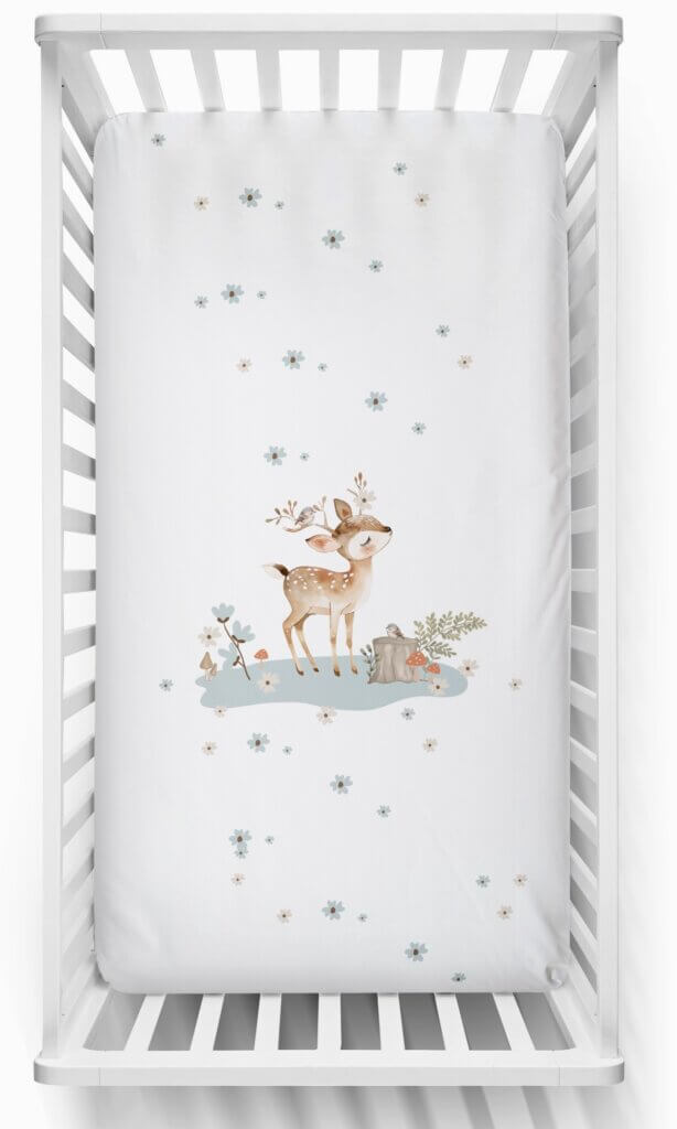 Drap contour bébé 100% coton avec motif faon, oiseaux ,fleurs et champignons, design exclusif.