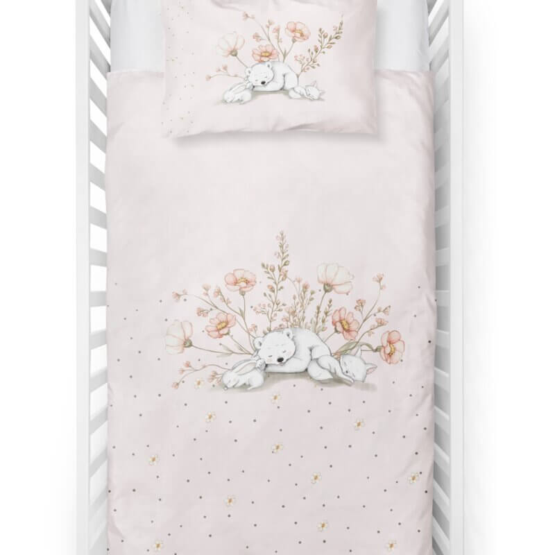 literie bébé rose avec motif fleurs et les animaux - ours,renard ,lapin 