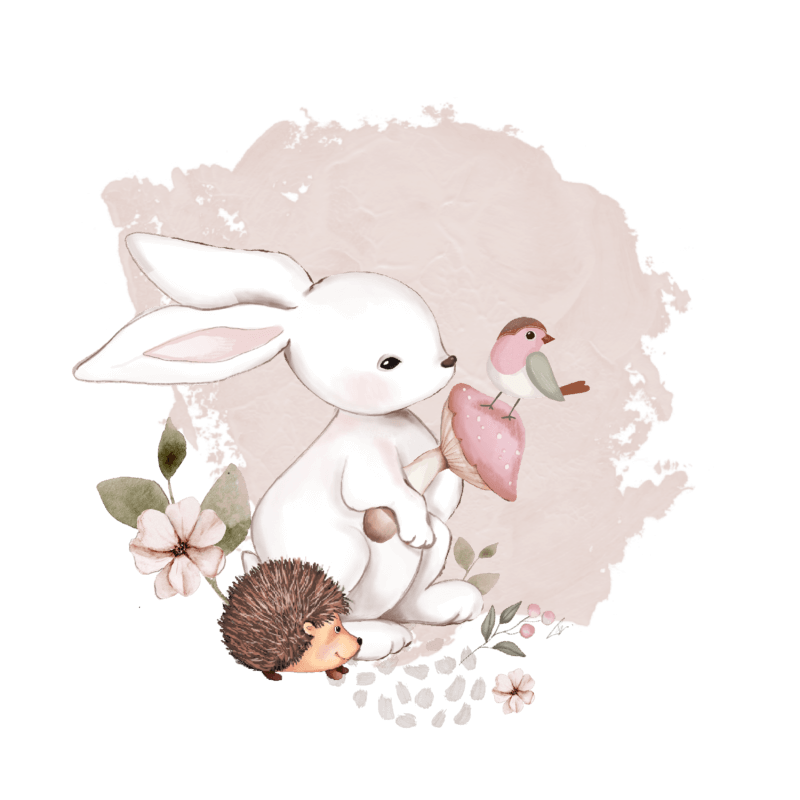 Illustration couleur pastel animaux de la forêt -Lapin blac avec champignon rose ,hérisson et fleurs