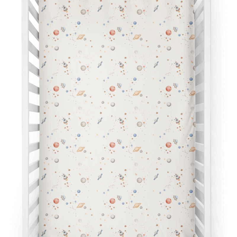 drap contour pour lit de bébé beige avec motif imprimé planètes,étoiles,fusées