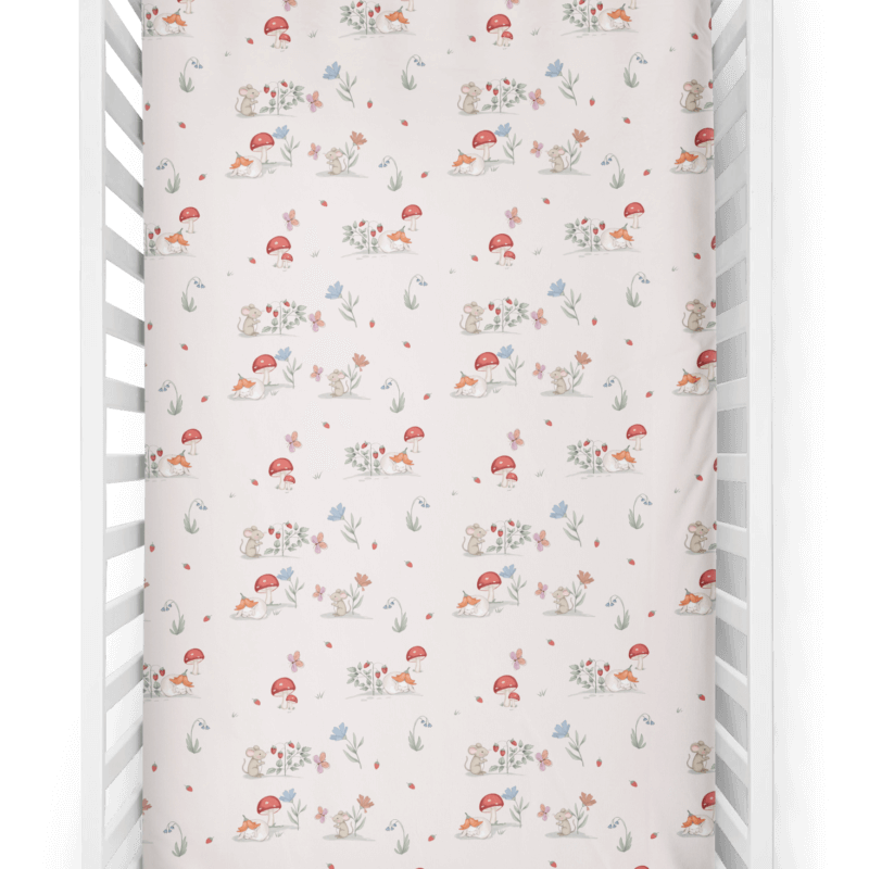 draps contour fée pour lit de bébé rose avec motif champignons,lapin,fleurs,fraises,souris
