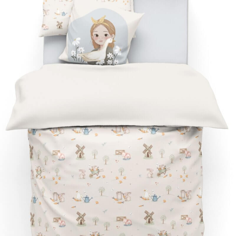 Housse de couette enfant satin de coton motif ferme :canards cochons,lapins fait au Québec.