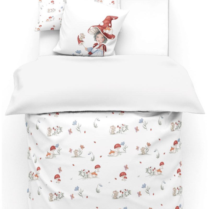 housse de couette blanc crème avec motif imprimé lapin,souris,champignons,fleurs ,papillons et coussin décoratif décoratif avec motif fée de bois avec chapeau rouge