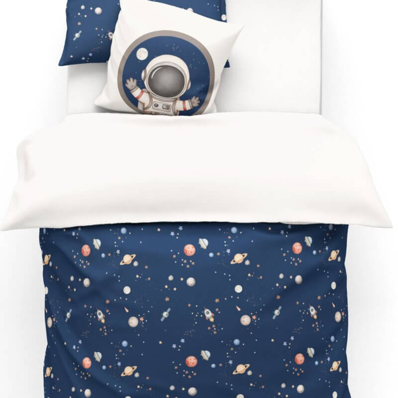 housse de couette couleur bleu en coton avec motif imprimé espace-planetes,fusesé,étoiles