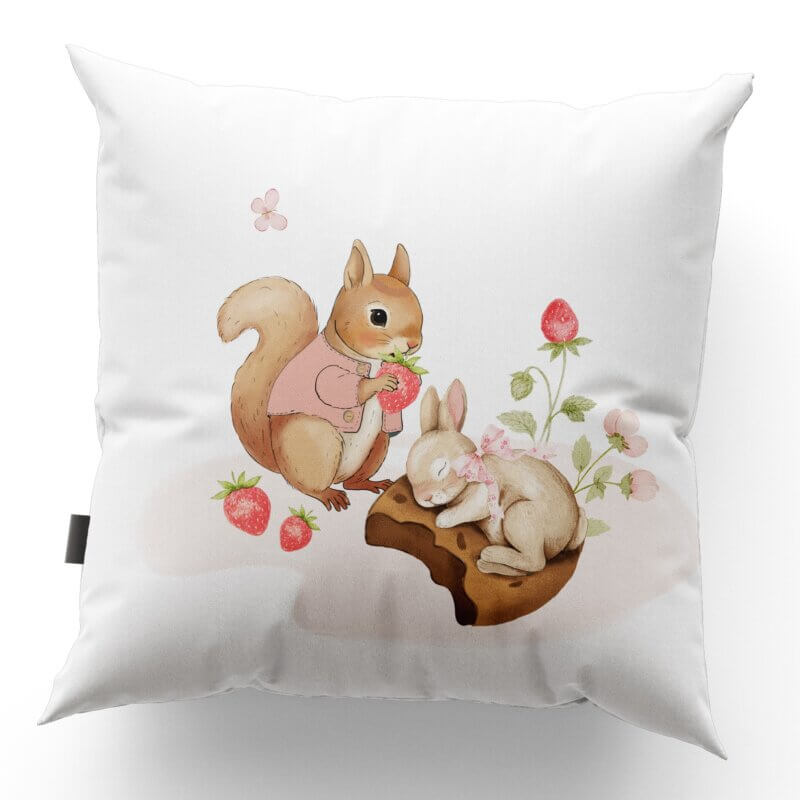 Coussin décoratif  en coton avec motif imprimé écureuil et lapin 