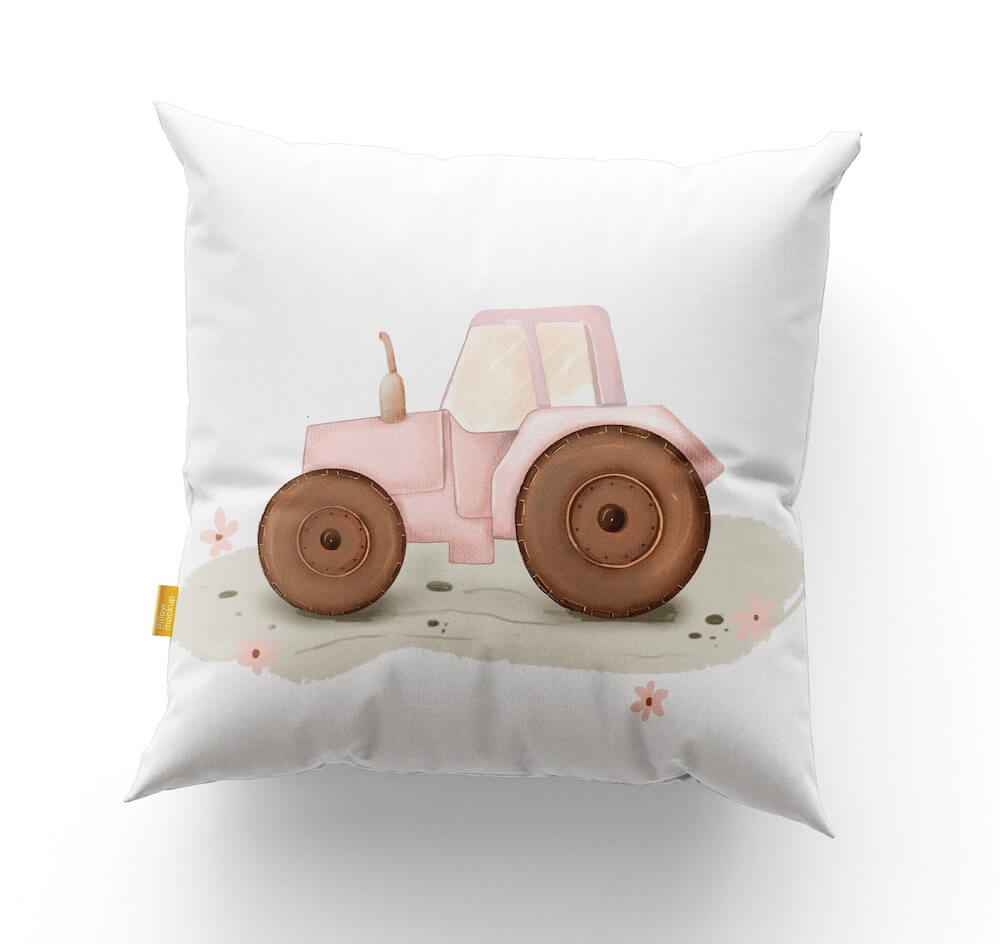Coussin décoratif carré,couleur blanc crème avec motif tracteur rose