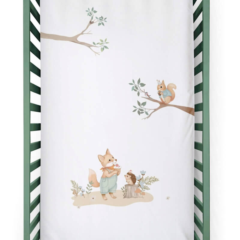drap contour pour lit de bébé blanc crème e coton avec motif imprimé renard,écureuil,hérisson