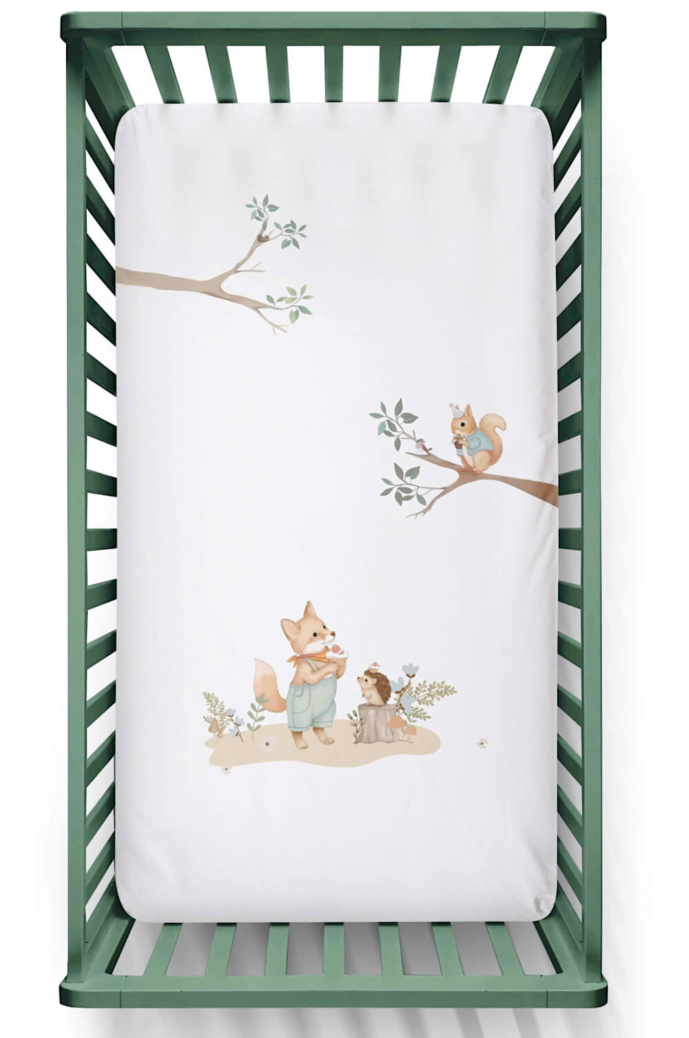 drap contour pour lit de bébé blanc crème e coton avec motif imprimé renard,écureuil,hérisson