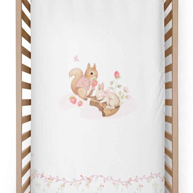 drap contour rose pâle pour lit bébé en coton avec motif écureuil et lapin