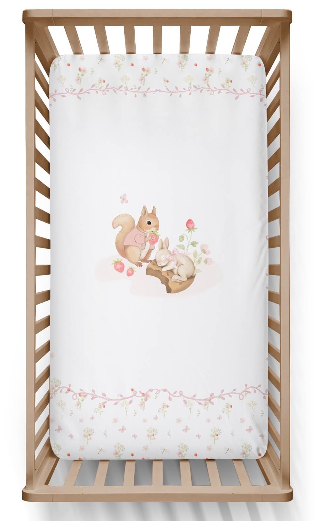 drap contour rose pâle pour lit bébé en coton avec motif écureuil et lapin