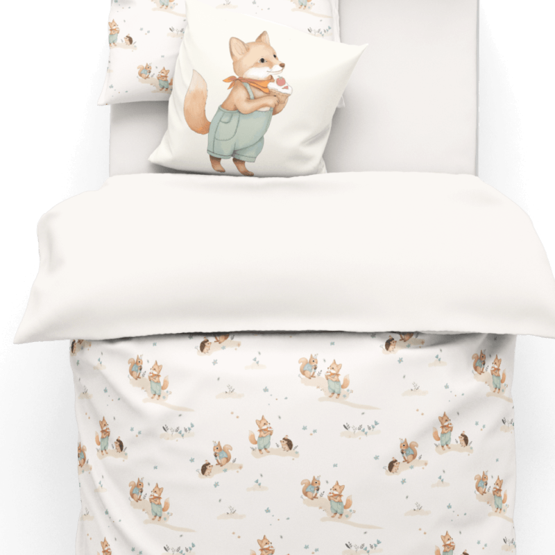 housse de couette beige en coton avec motif imprimé animaux de la forêt et gâteaux