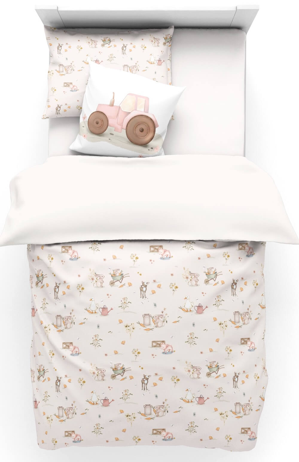Housse de couette rose en coton avec motif imprimé animaux de la ferme et coussin carré avec motif tracteur rose