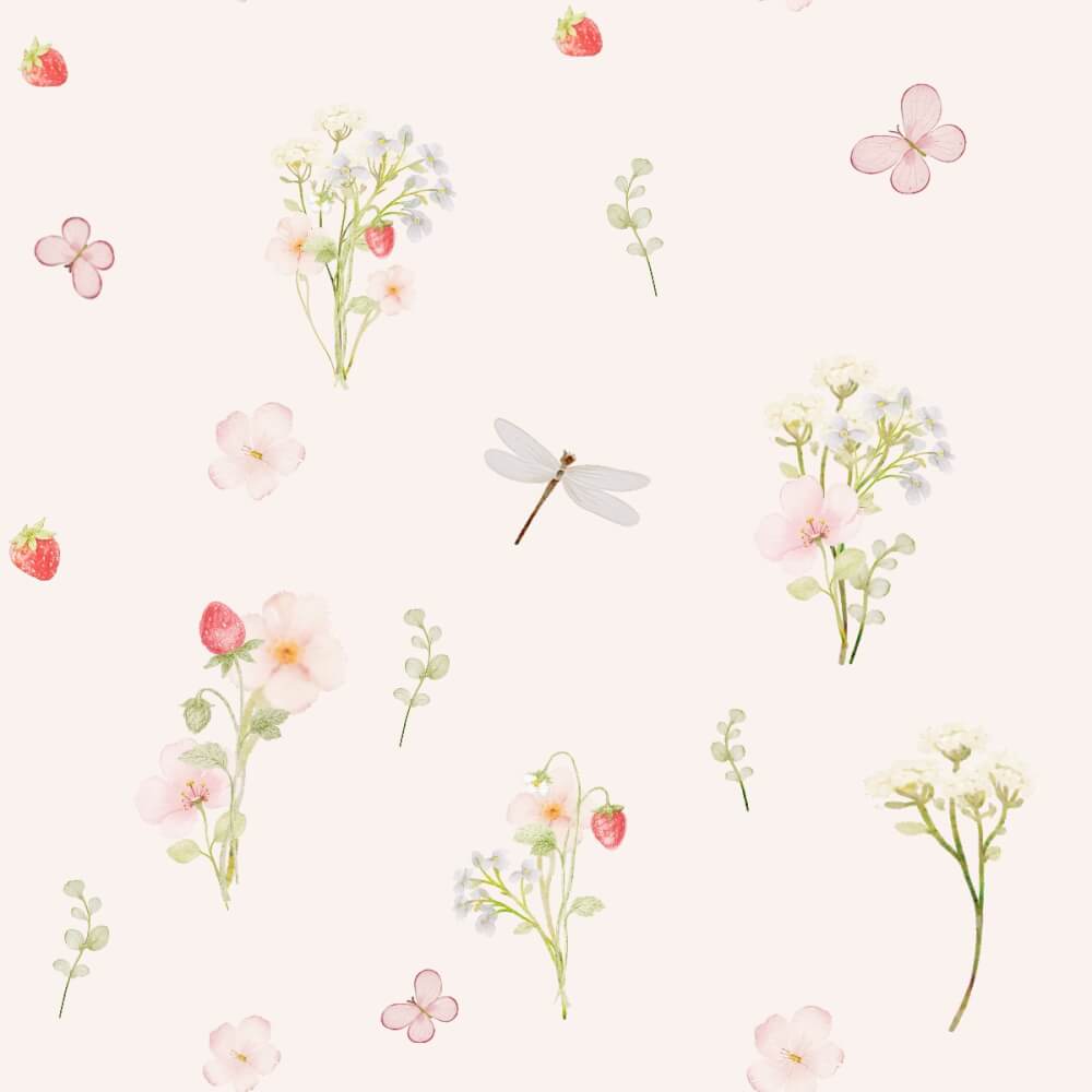 Tissu coton imprimé fleurs et fraises rose