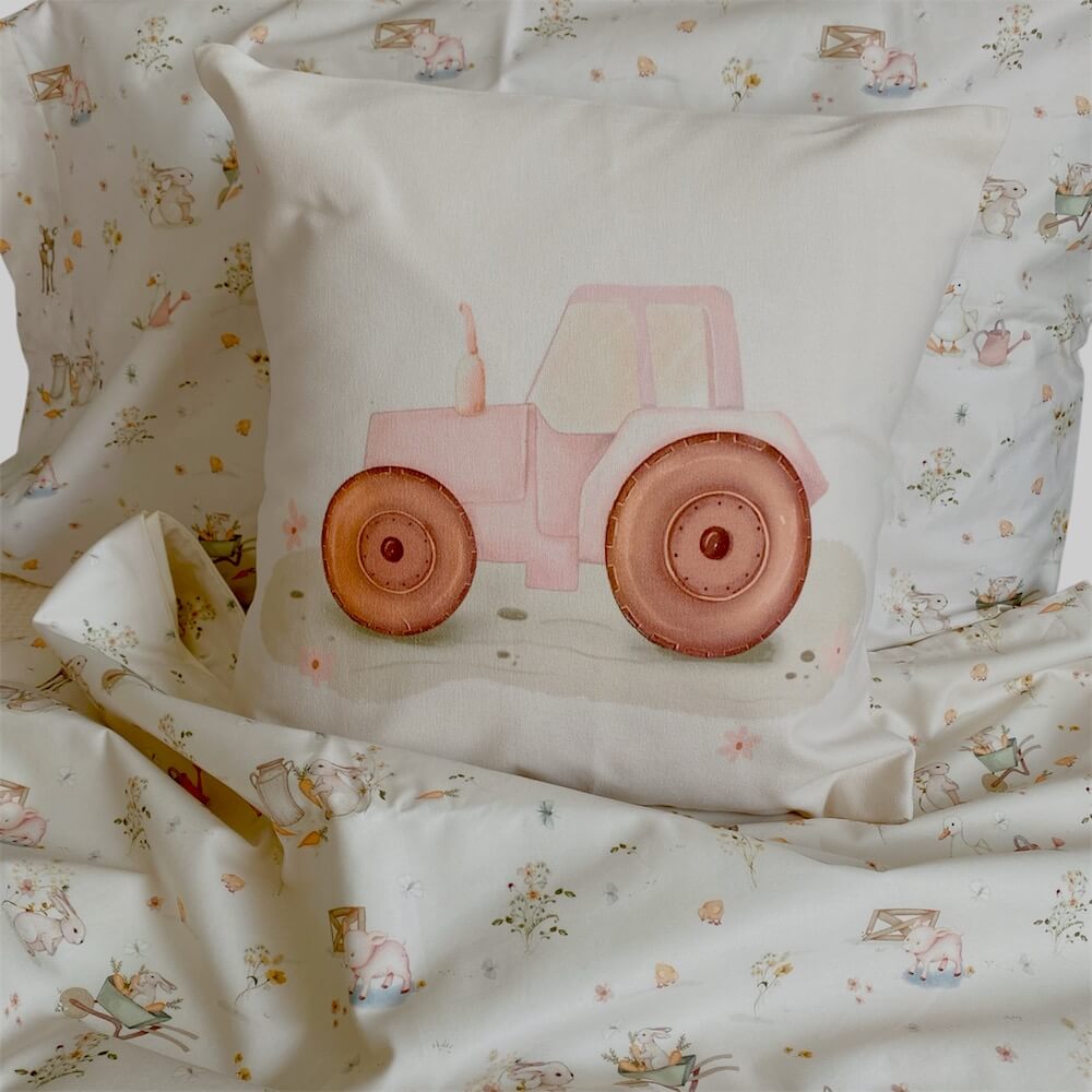housse de couette lit simple avec motif imprimé les animaux de la ferme :parmi fleurs sauvages feuillage, sur un fond rose très pale