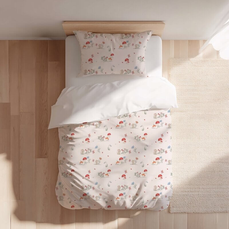 e couette rose en coton avec un motif imprimé souris et lapin