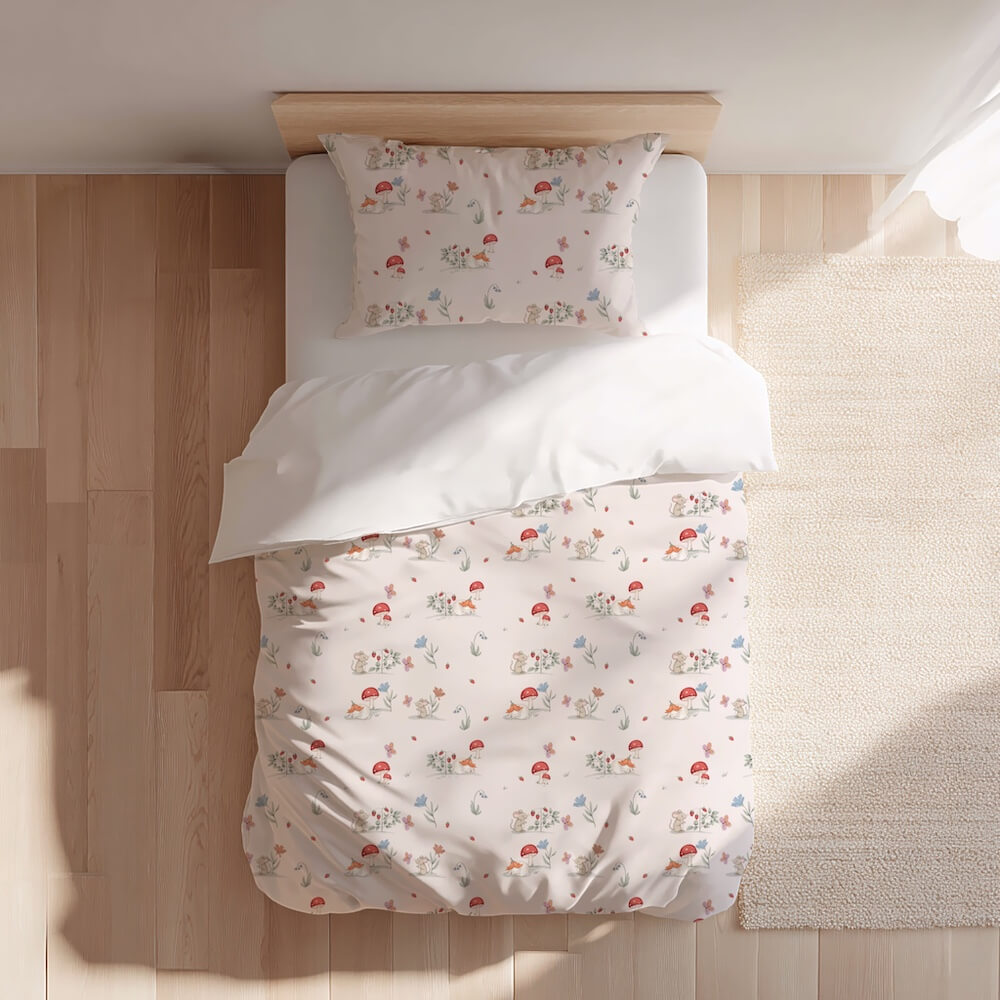 e couette rose en coton avec un motif imprimé souris et lapin