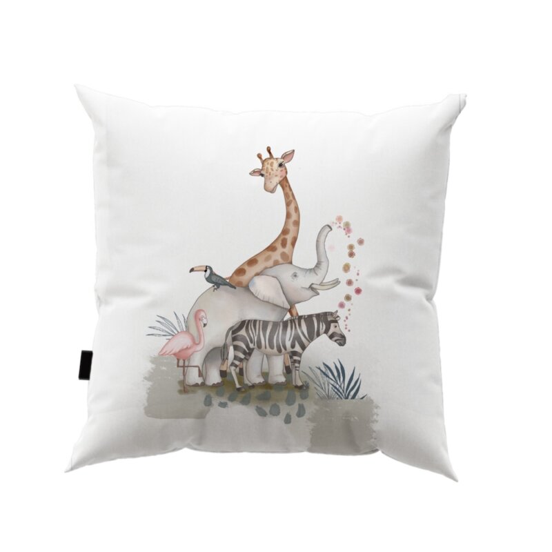 housse de coussin blanc en coton avec motif imprimé les animaux de la savane - girafe, éléphant,zebre, flamant ,toucan